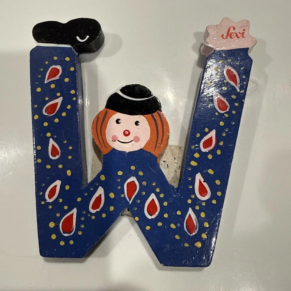 Vtg Sevi Clown Child Kids Alphabet‎ Wooden Letter W Personalized Decor Blue